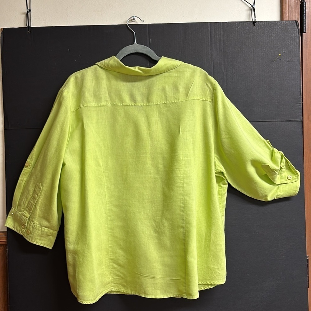 Carroll Reed Woman 100% Linen Lime Green Button Up Shirt Roll Tab Sleeve Size 1X - Picture 11 of 11